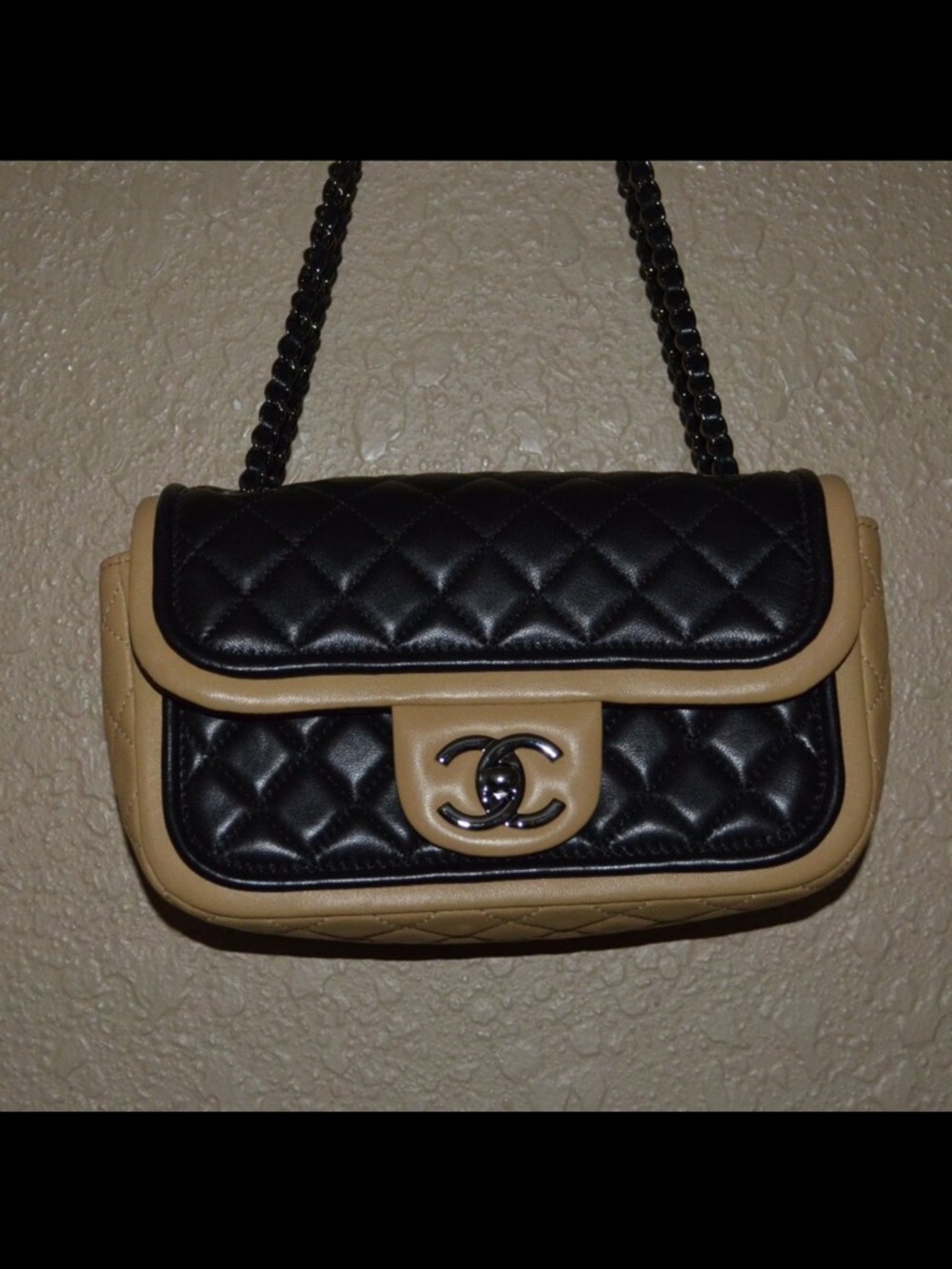 Chanel Black Small Tan Two Tone Flap Chain Strap Crossbody Shoulder Handbag